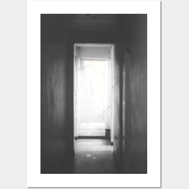 Digital collage, special processing. Room, corridor. Look from darkness to light. Grayscale. Wall Art by 234TeeUser234